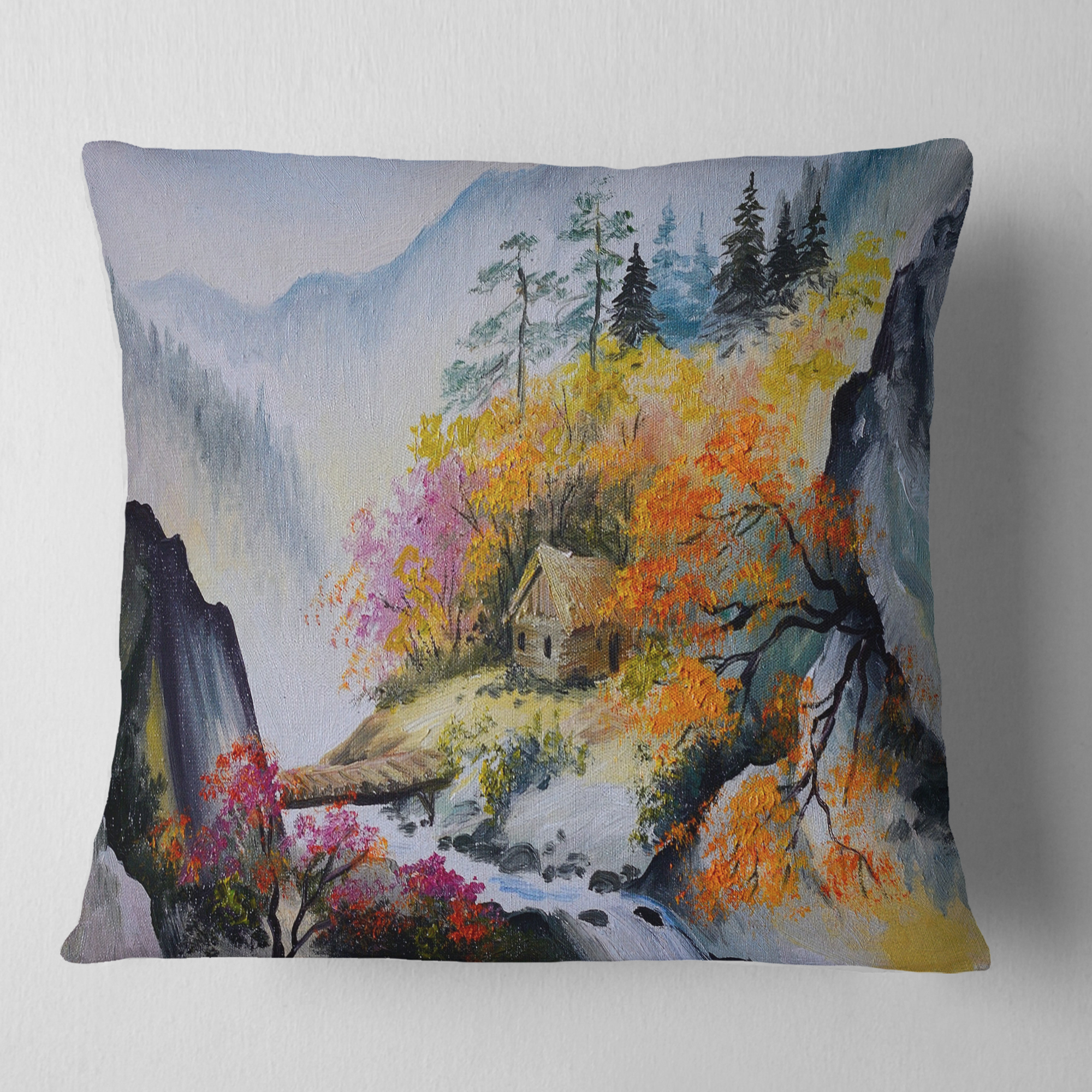 Designart House in the Mountains - Landscape Printed Throw Pillow - 16x16
