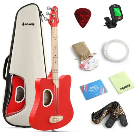 Donner 3 String Acoustic Guitar for Beginner Kid Adult Guitarra Acustica with Chord Flashcards, Gig Bag, Tuner, Picks, Nylon Strings, Cloth, Strap Right Hand Tri-pop Series - Red