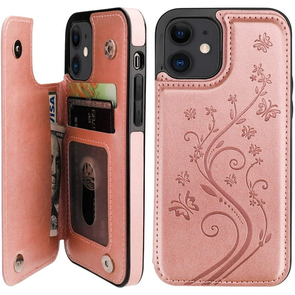 Compatible with iPhone 12 and iPhone 12 Pro Case Wallet with Card Holder,Embossed Butterfly Pattern PU Leather Double Magnetic Buttons Flip Shockproof Cover 6.1 Inch(Rose Gold)