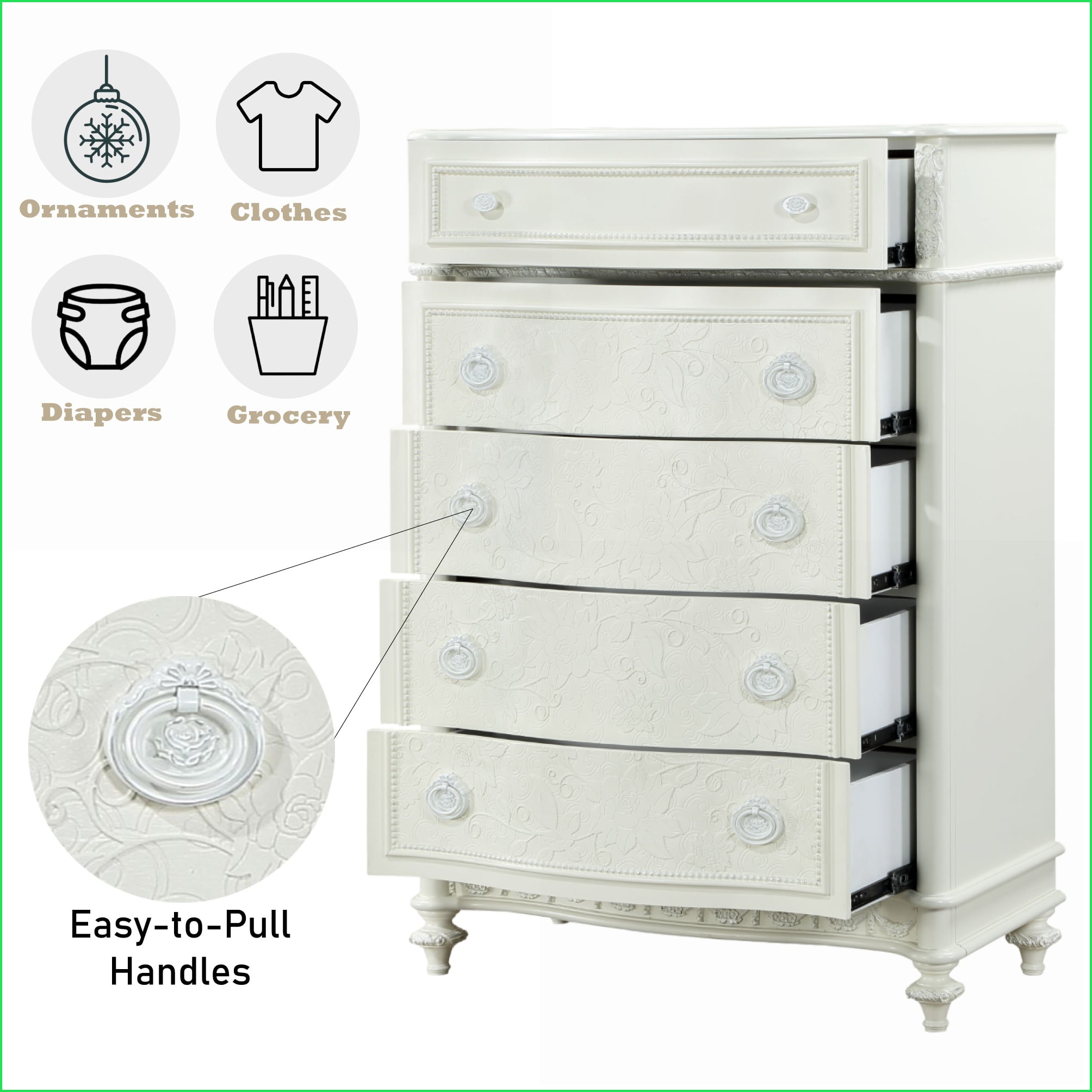 Chests & Wardrobes, Traditional 5-Drawer Ivory Pine Chest with Open Shelf | Ivory | Wood