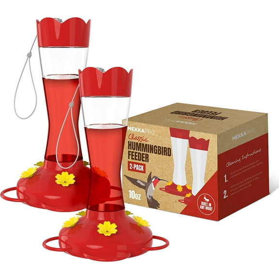 MEKKAPRO Two-Pack Outdoor Hummingbird Feeder Made from Glass, 10oz, Hanging 5 Nectar Feeding Stations, Bright Red, Backyard Feeder (10 Ounce - 2 Pack)
