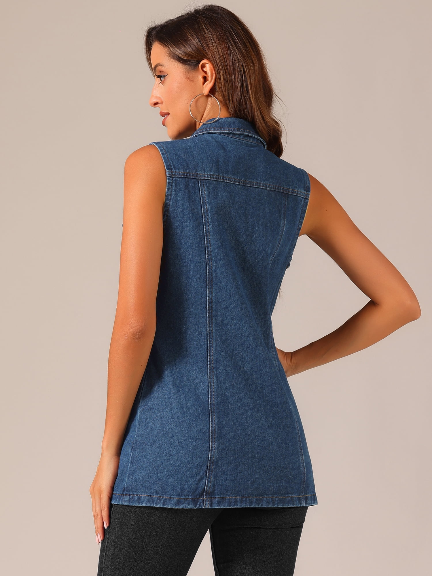 DARING DIVA Women's Button Down Sleeveless Pockets Mid-Long Denim Vest XS Dark Blue