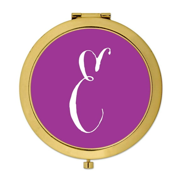 Koyal Wholesale Gold Compact Mirror Bridesmaid's Wedding Gift, Plum Purple, Monogram Letter E, 1-Pack