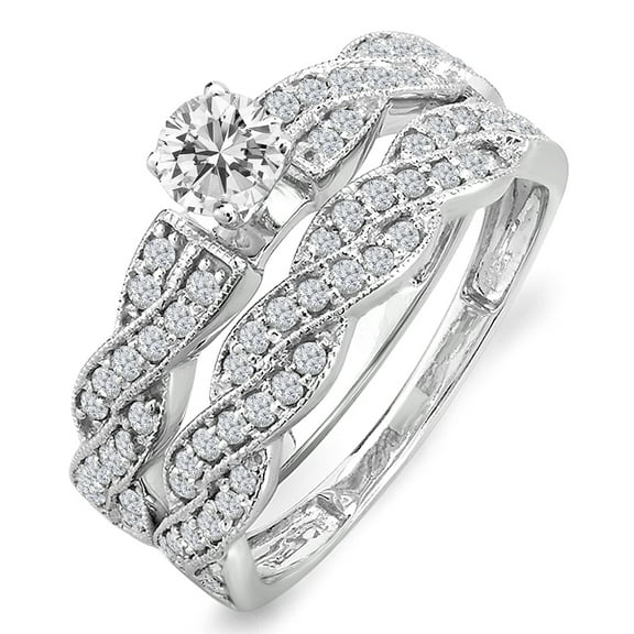 1.00 Carat (ctw) 14k White Gold Round Diamond Ladies Bridal Ring Engagement Matching Band Set 1 CT