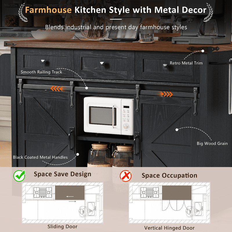 Bellemave 53.7" Kitchen Island with Power Outlet & Drop Leaf, Rolling Island with Table with Storage Drawers & Cabinet, Kitchen Island Cart with Spice Rack & Towel Rack on Wheels（Black)