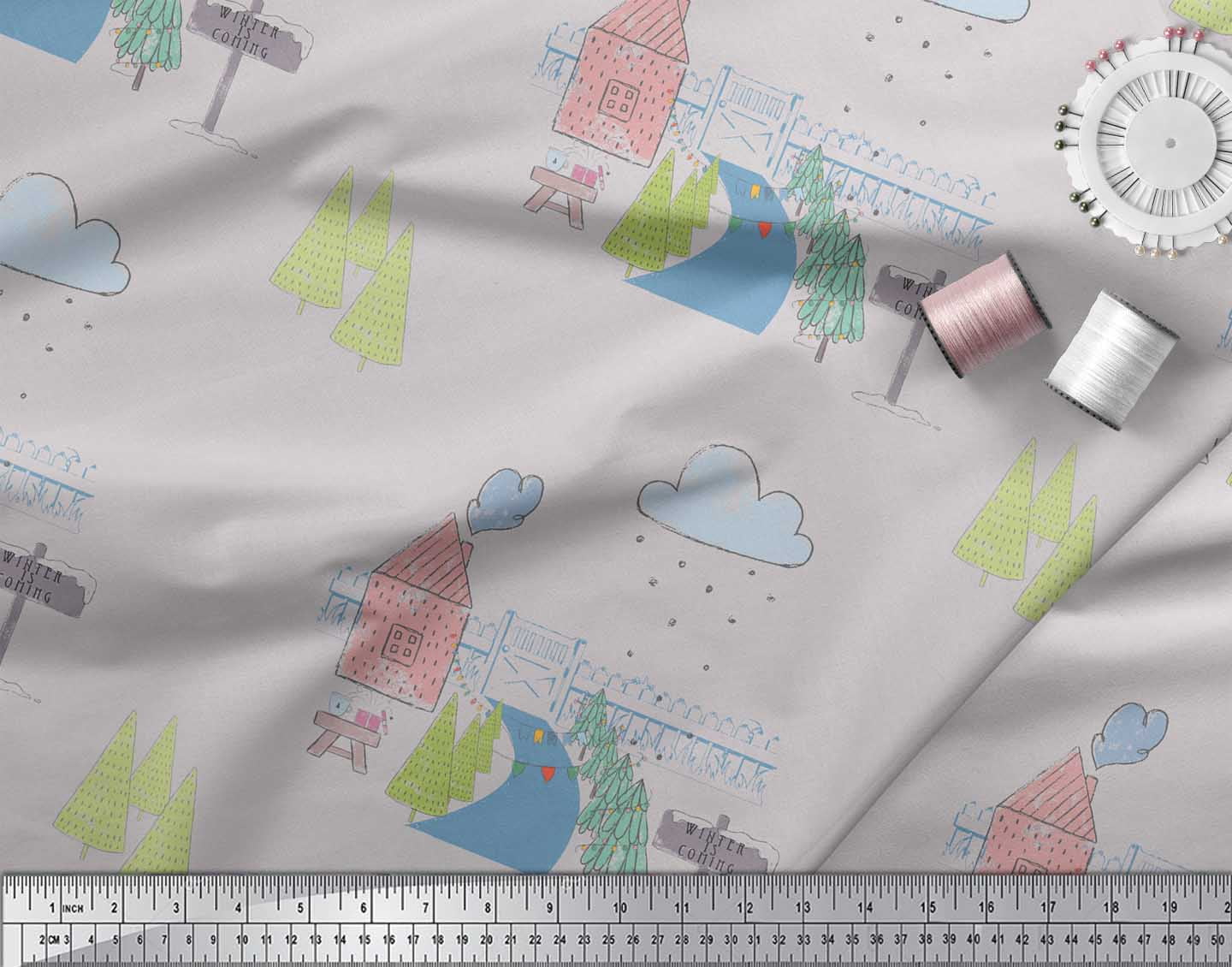 Soimoi Gray polyester Crepe Fabric Clouds & Tree Christmas Print Fabric by the Yard 52 Inch Wide