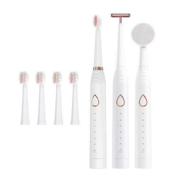 Cepillo de Dientes EléCtrico SóNico Carga USB Recargable Adulto Impermeable Diente ElectróNico 5 Cepillos Cabezales de Repuesto Blanco
