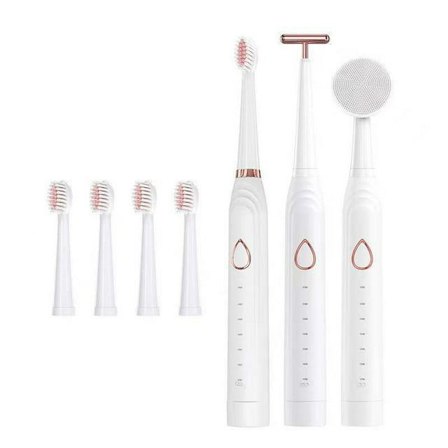 Cepillo de Dientes EléCtrico SóNico Carga USB Recargable Adulto Impermeable Diente ElectróNico 5 Cepillos Cabezales de Repuesto Blanco