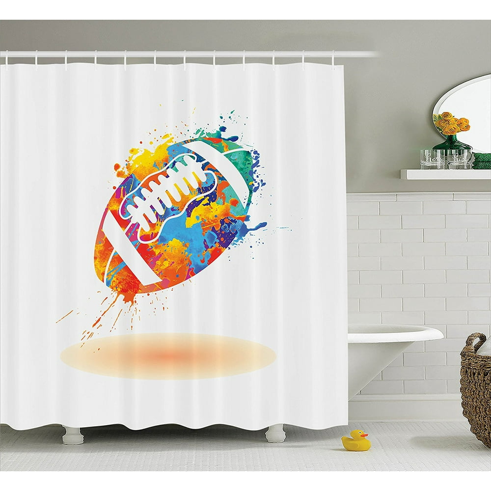 Sports Decor Shower Curtain Set By , Rugby Ball With Rainbow Brush