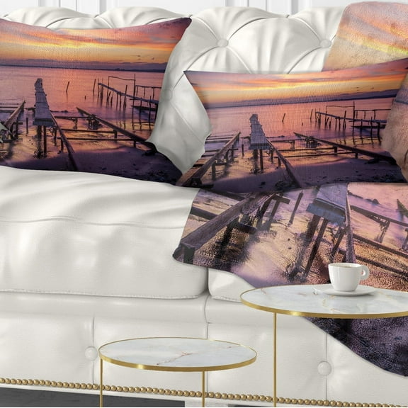 Designart Fishing Pier in Sea at Sunset - Seashore Throw Pillow - 12x20