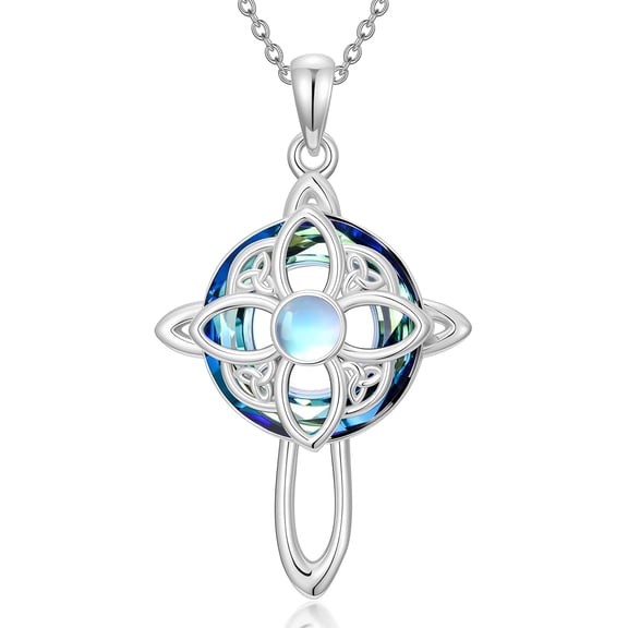 AOBOCO Witches Knot Necklace for Women 925 Sterling Silver Crystal Celtic Knot Cross Pendant with Moonstone Birthday Mothers Day Jewelry Gifts for Women Wife Mom Grandma