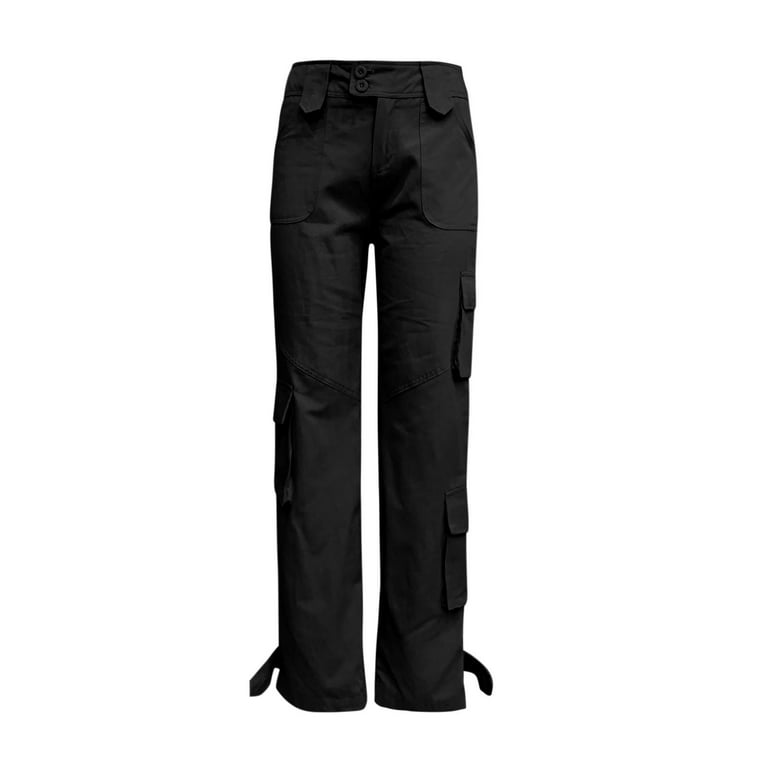 Clearance RYRJJ Baggy Parachute Pants for Women Low Waist Hiking Cargo  Pants Multiple Pockets Jogger Straight Wide Leg Y2K Pants(Black,XXL) 