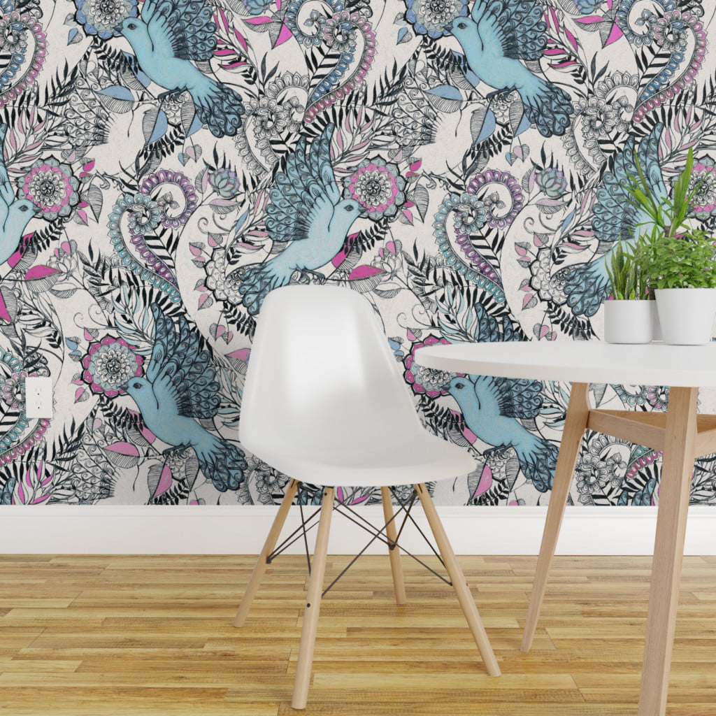  Peel  and Stick  Removable Wallpaper  Bird Pink  Teal Black  