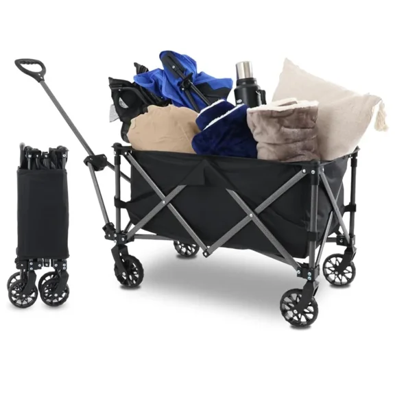 Carrito Vagon Plegable Multiusos con Estructura de Acero Reforzado y Ruedas para Exterior Resistentes - Carro Vagon Portatil soporta hasta 120 kg Ideal para Mandado Supermercado y Transportar (Negro)