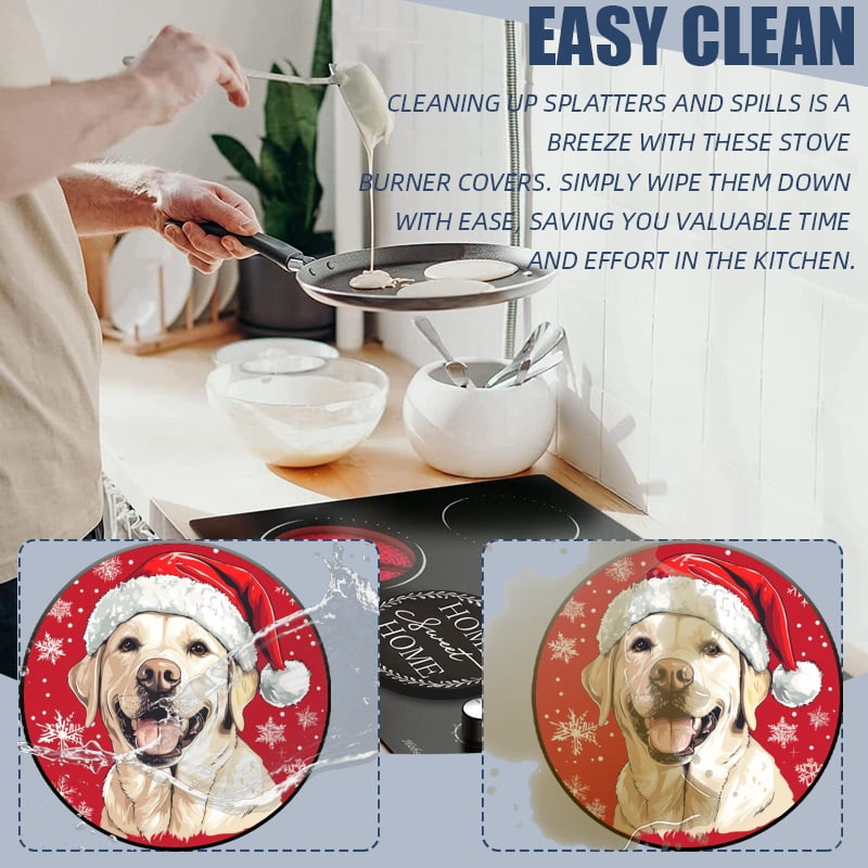 Christmas Round Burner Covers for Electric Stove, Labrador in Santa Hat Metal Durable Xmas Decor Gas Stove Burner Covers Set of 4 for Kitchen Holiday, 8 Inches and 10 Inches