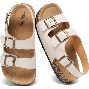 Lezzglt Kids Toddler Sandals with Cork Footbed, Non-Slip Slides for Boys Girls Double Buckle Slippers with Adjustable Back Strap, Comfort Water-Resistant Shoes