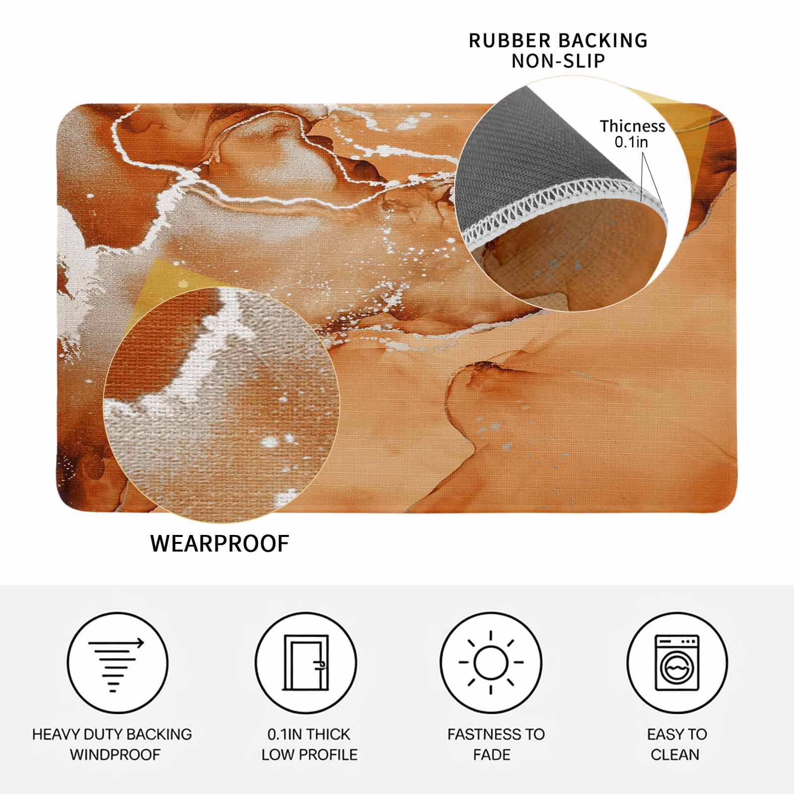 Marble Burnt Orange Doormat Outdoor Entrance 24"x36", Modern Abstract Ink Painting Luxury Absorb Moisture Dirt Door Mats, Non-Slip Rubber Backing Floor Mats Indoor, Low-Profile Front Door Rugs