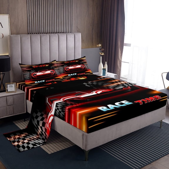 Erosebridal Fast Car Sheet Set Twin,Orange Red Bedding Sets Twin Size,Car Theme Twin Sheet Sets,Microfiber Geometric Room Decorative,3pcs