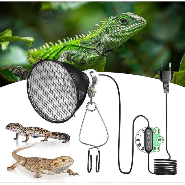 Dome Heat Lamp with Reflector, Dimmer and Timer, 100W E27 Terrarium Heat Lamp, 5.5 Inch Reflector Lamp Holder for UVA, UVB, and Infrared Bulbs (Bulb N