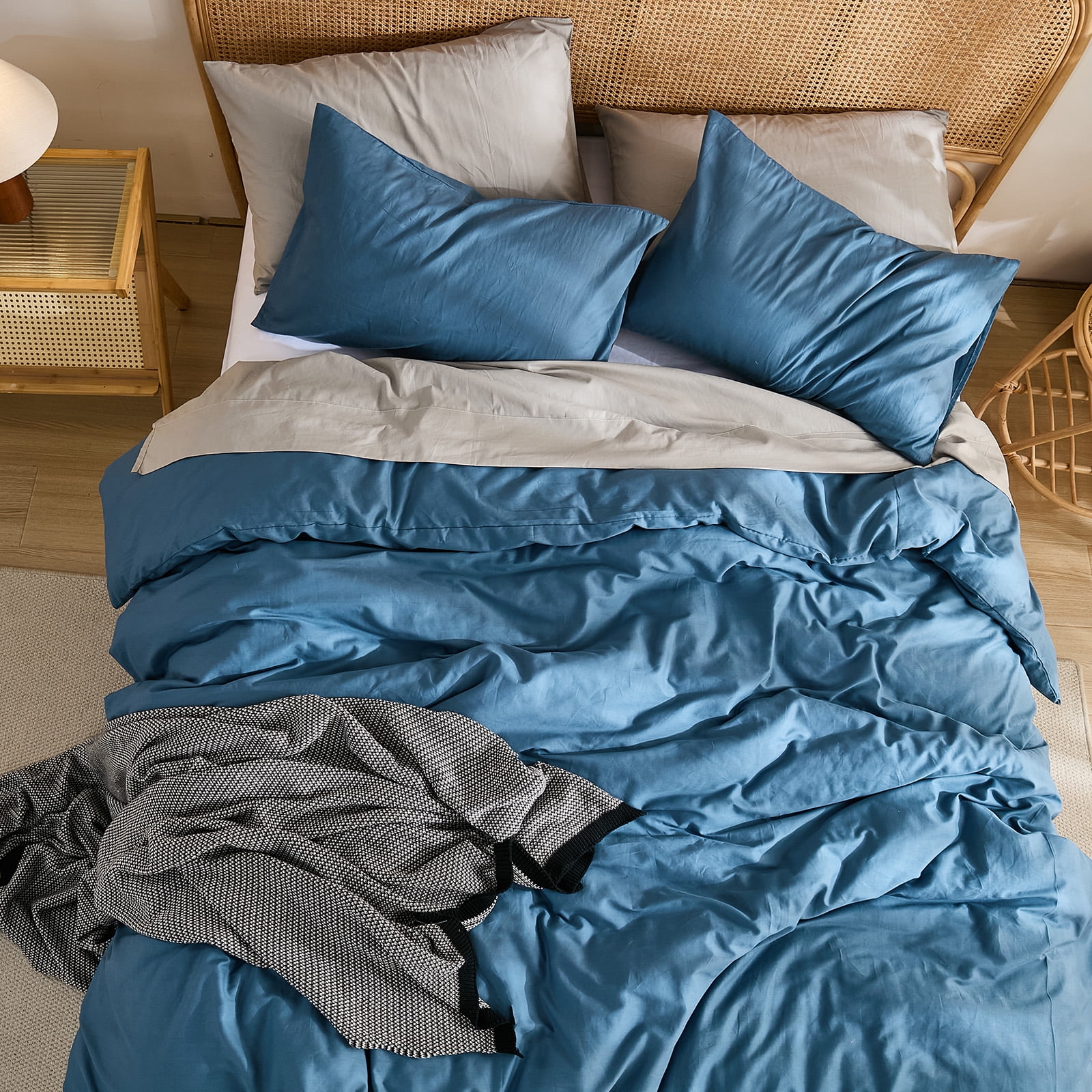 100% Washed Cotton Duvet Cover –Dark Blue, Linen-Like Texture, Super Soft & Breathable Bedding Set, 3-Piece Durable Percale Comforter Cover