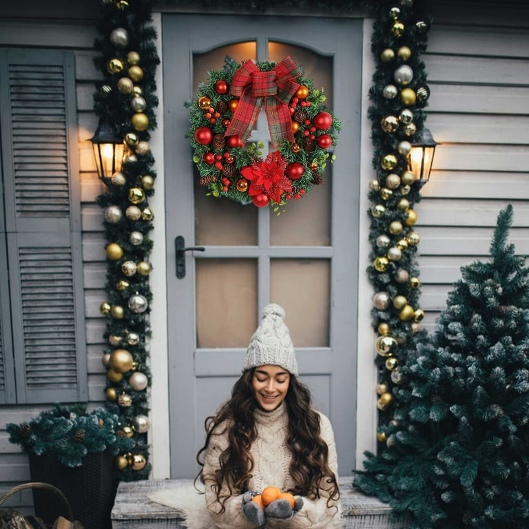 Christmas Ball Wreath with Bow, 2024 Red Bow Christmas