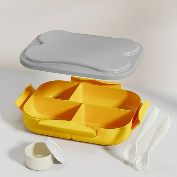 Caja de almuerzo de 4 compartimentos amarilla con cuchara y tenedor y caja de salsa