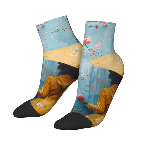 Uemuo Woman Under Blossoming Tree Printed Crew Socks, Moisture-Wicking Socks, Athletic Socks for Men Breathable Cushion Socks Casual Sport Socks for Running Traveling