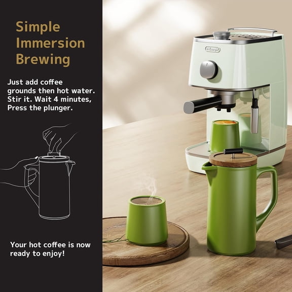 Ceramic French Press Coffee Maker, 22oz Single Serve Coffee Press with Walnut Wood Lid, Lead-Free,  Stainless Steel Filter with Dual Screen for Coffee and Loose Tea, Green