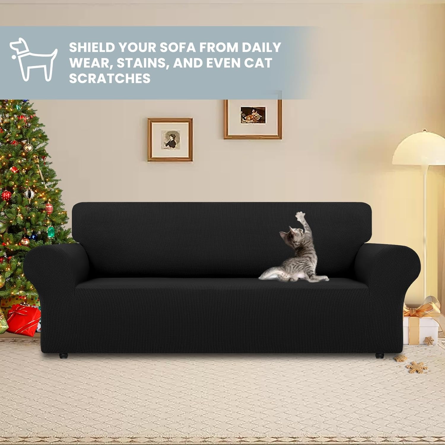 Stretch Sofa Slipcovers Couch Covers for 3 Cushion Couch Sofa Pet Friendly Non Slip Sofa Cover Washable Furniture Protector with Elastic Bottom (Large, Black)