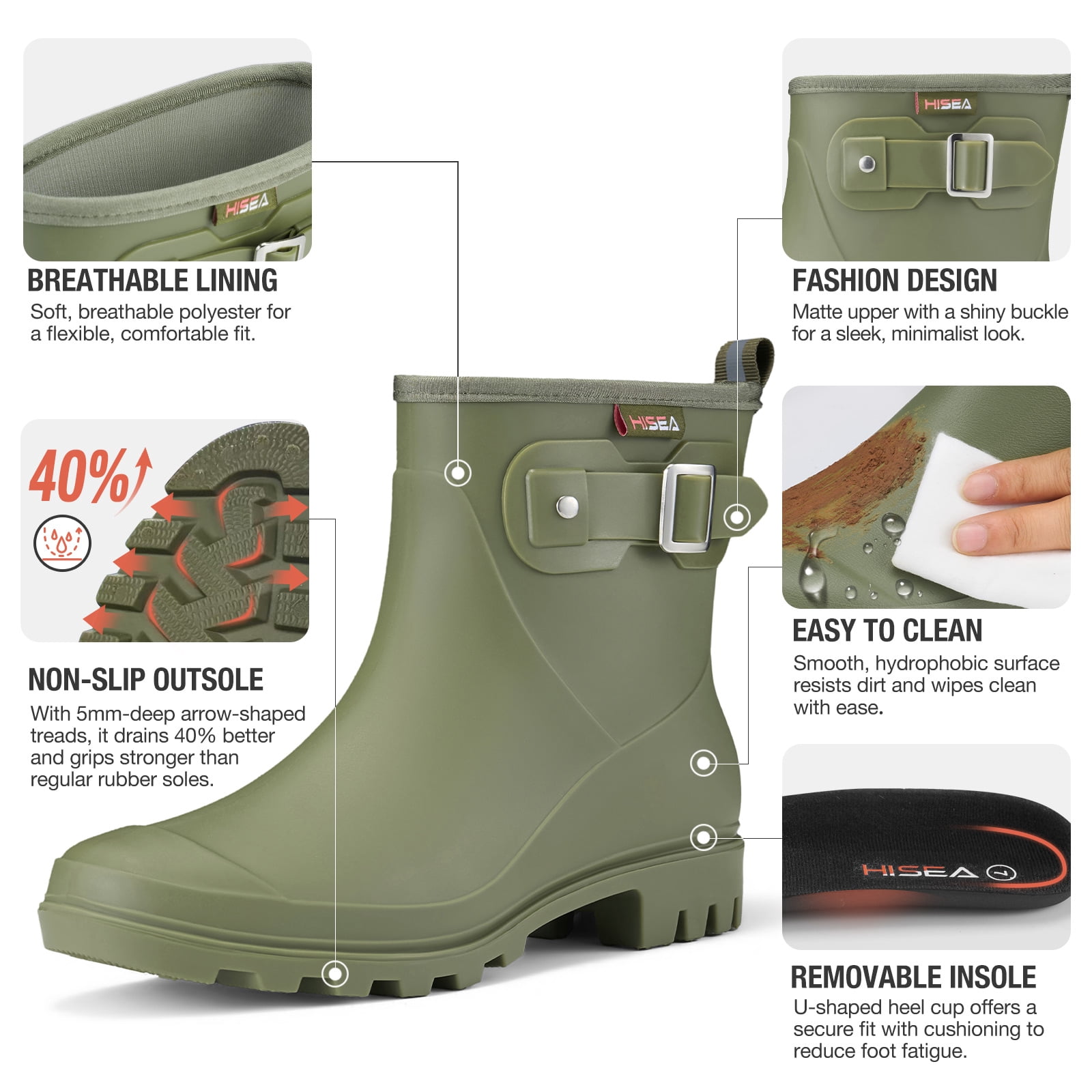 HISEA Women's Waterproof Ankle Rain Boots, Anti-Slip Short Garden Shoes with Comfortable Insole for Outdoor Work & Walking，Green，Size 7