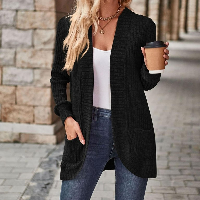 JGGSPWM Womens Classic Pocket Cardigans Long Sleeve Solid Ribbed