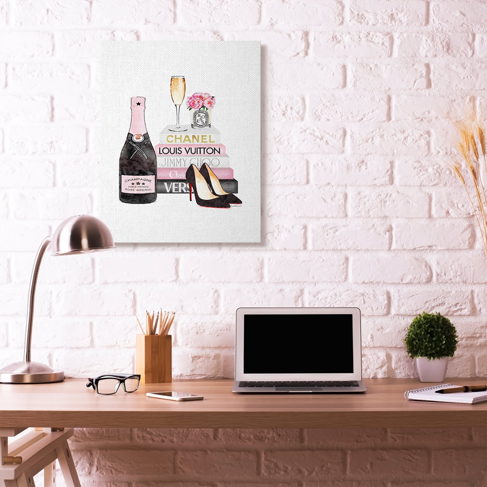 Stupell Industries Fashion Designer Wine Shoes Bookstack Pink Watercolor Canvas Wall Art by Amanda Greenwood