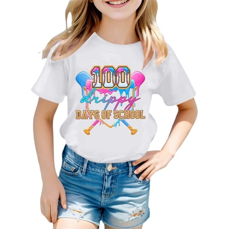 Ulitacool Girl T Shirt Simple O Neck Tee Cartoon Prints Tops Short Sleeve Tops Girl Summer Tops 12-13 Years White
