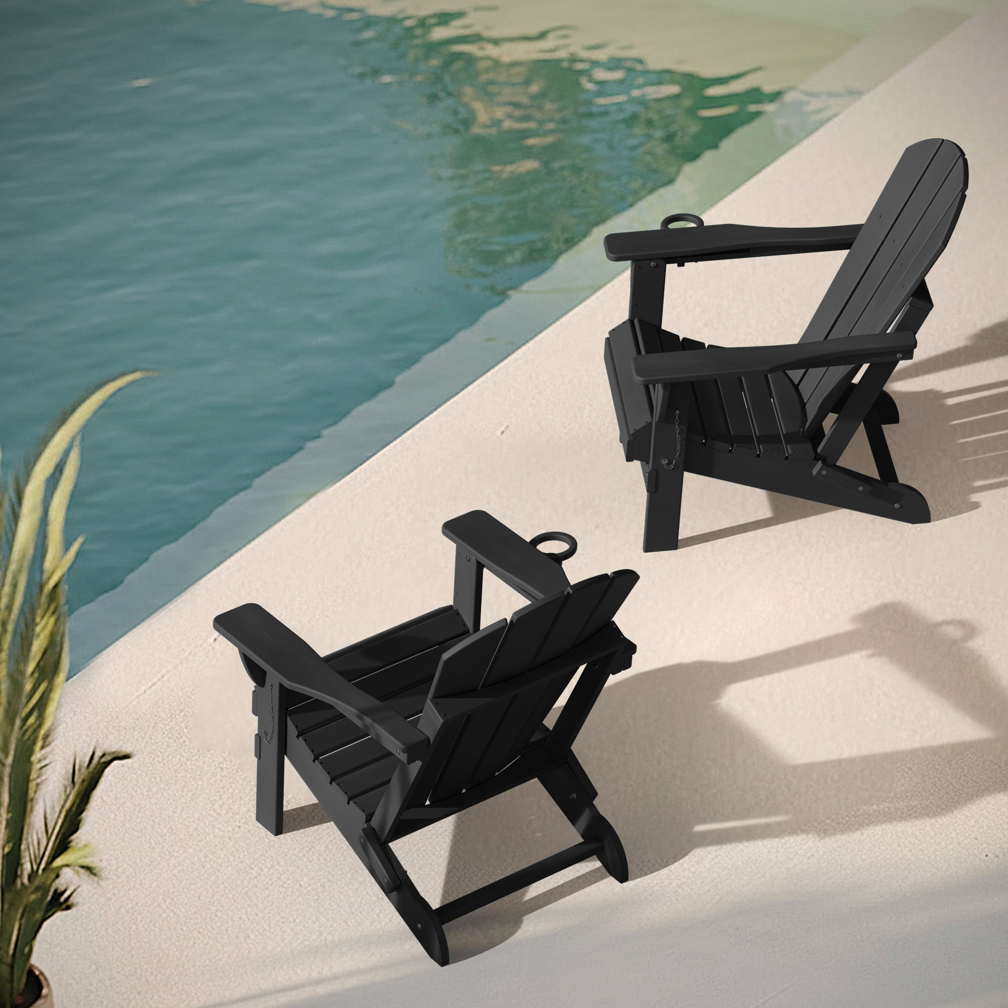 Folding Adirondack Chair, HDPE All-Weather Outdoor Patio & Firepit Chair with Ergonomic Extended Backrest & Cup Holder, Low Maintenance, Black