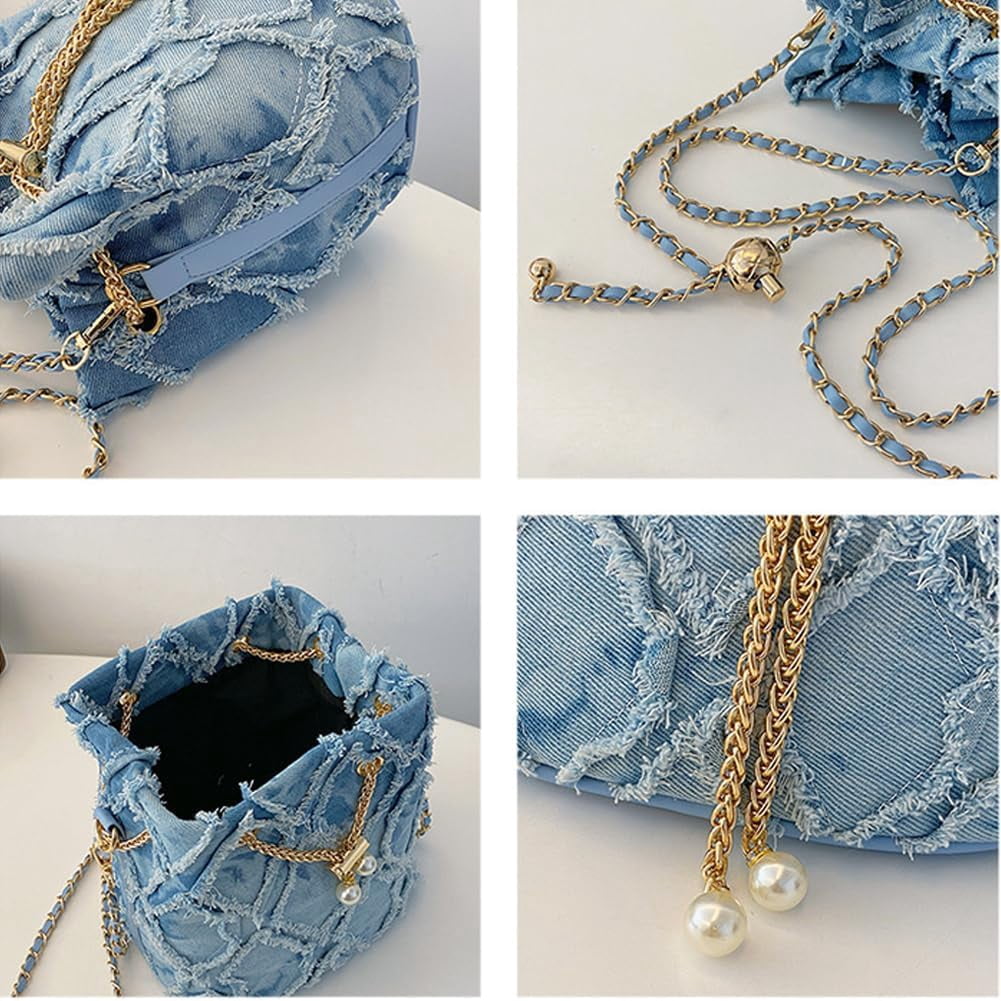 CoCoMangos Small Denim Bucket Bag, Jean Purses for Women Denim Crossbody Bags Hobo Bag Drawstring Handbag