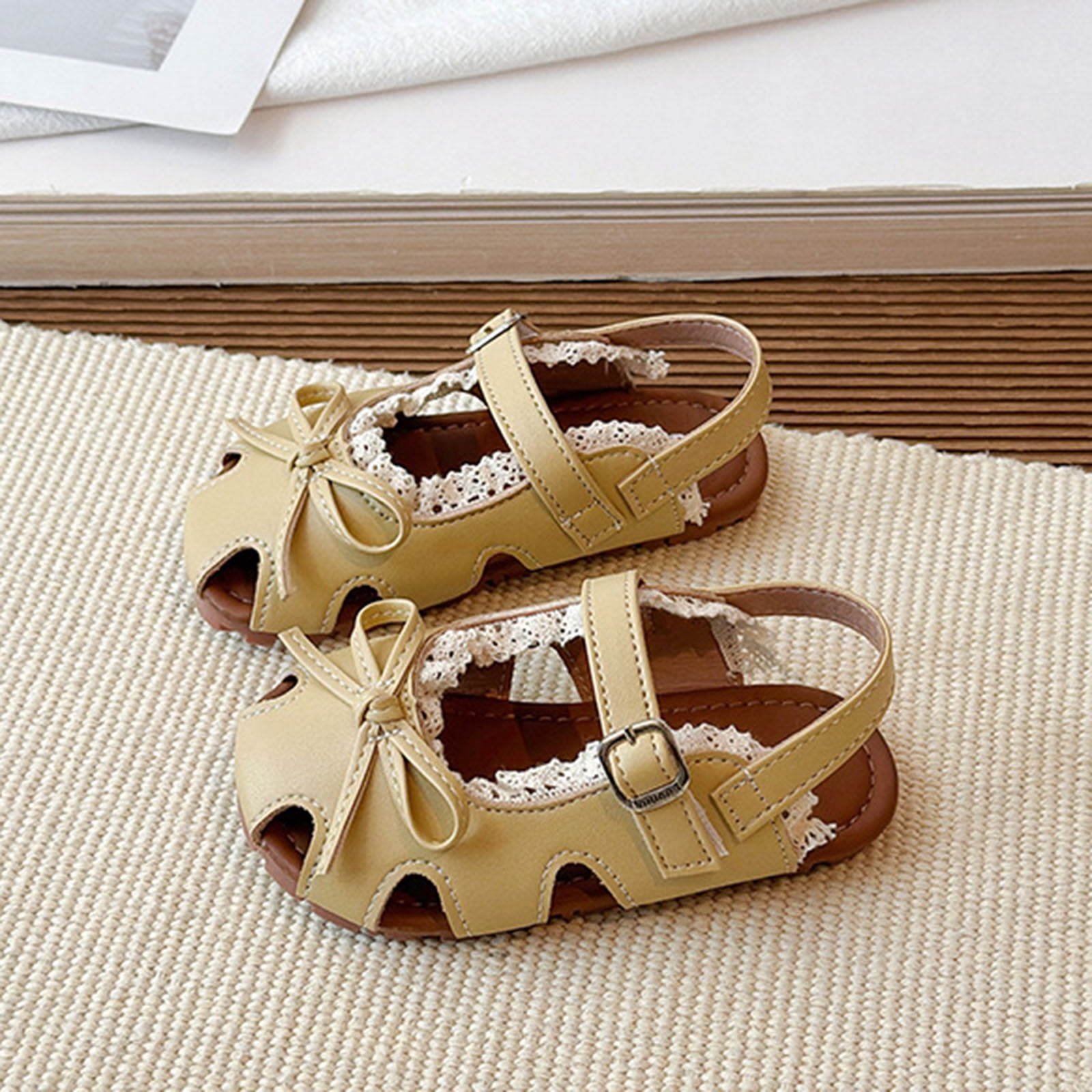 enyan Toddler Sandals Girls Sandals - Big girl and Toddler Girl Sandals with Durable Leather and Glitter Straps, Summer Dress Shoes for Girls,Yellow,Size 11