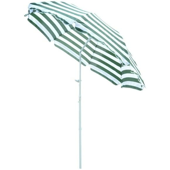 Outsunny 6FT Round Beach Umbrella with Tilt Mechanism, Outdoor UV Protection Sun Shaded Canopy with Push Button, Striped Green