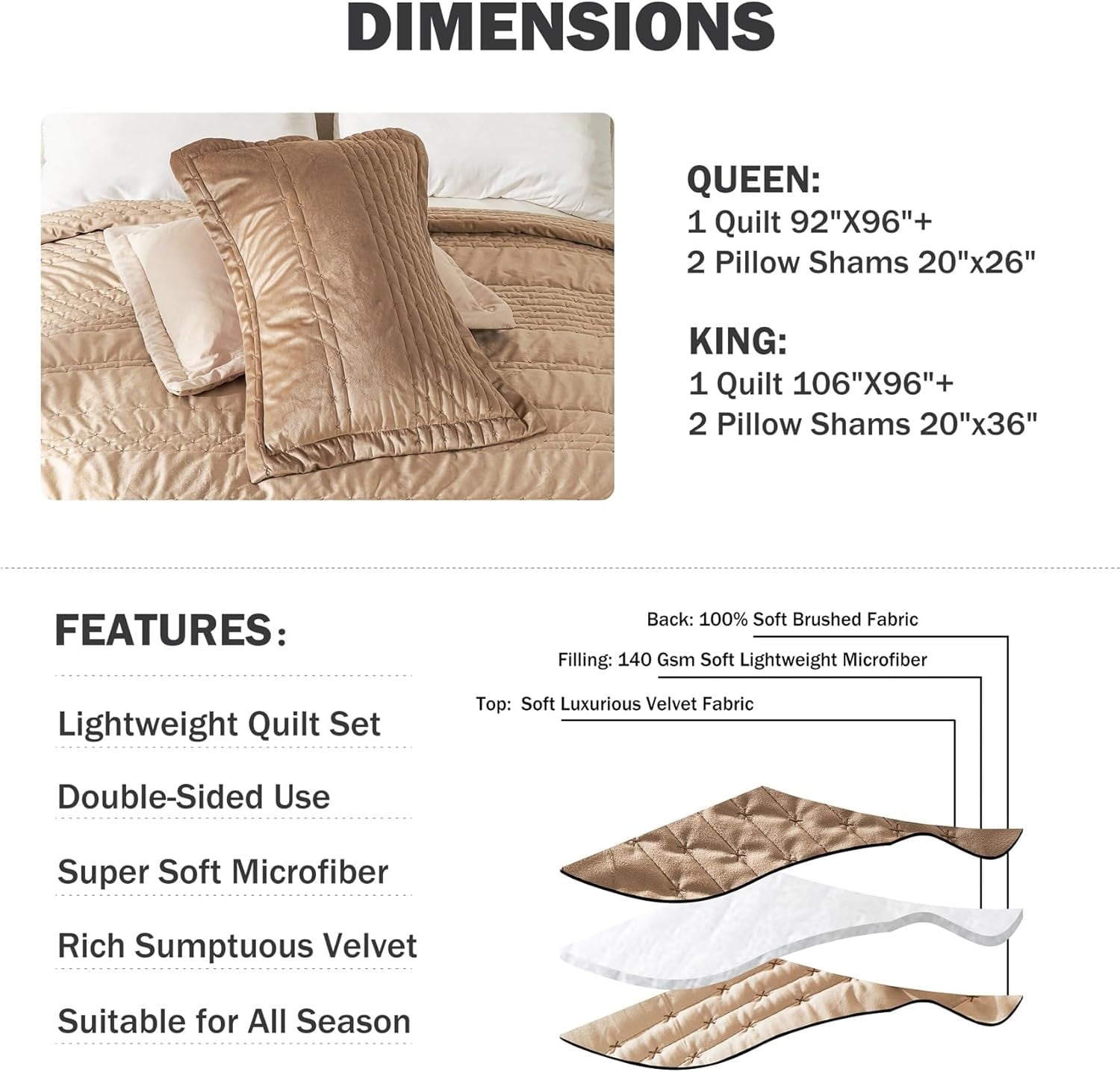 Evenhug King Size Velvet Quilt Set, Ultra Soft Lightweight Bedspread Coverlet 3 Pieces, Reversible Quilted Bedding Comforter Set for All Season