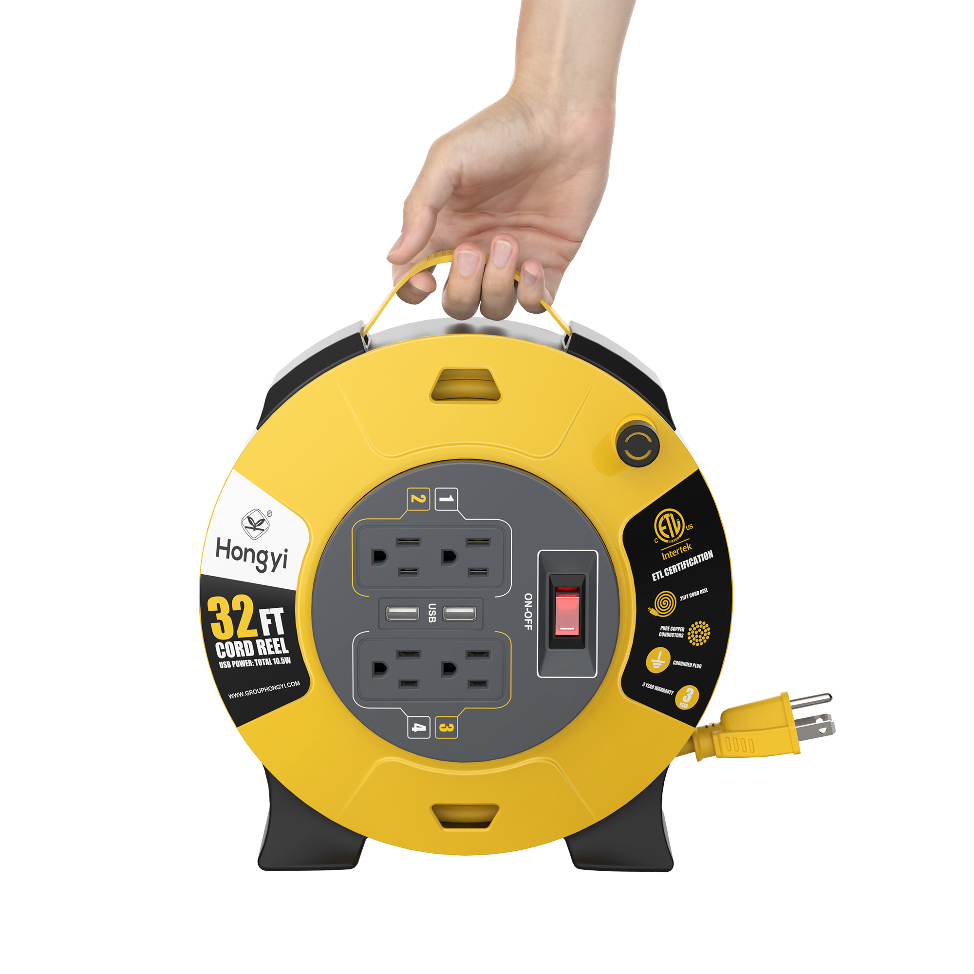Hongyi Extension Cord Reel 32ft,16AWGX3C,SJT,4-Outlet and 2-USB Ports,Yellow