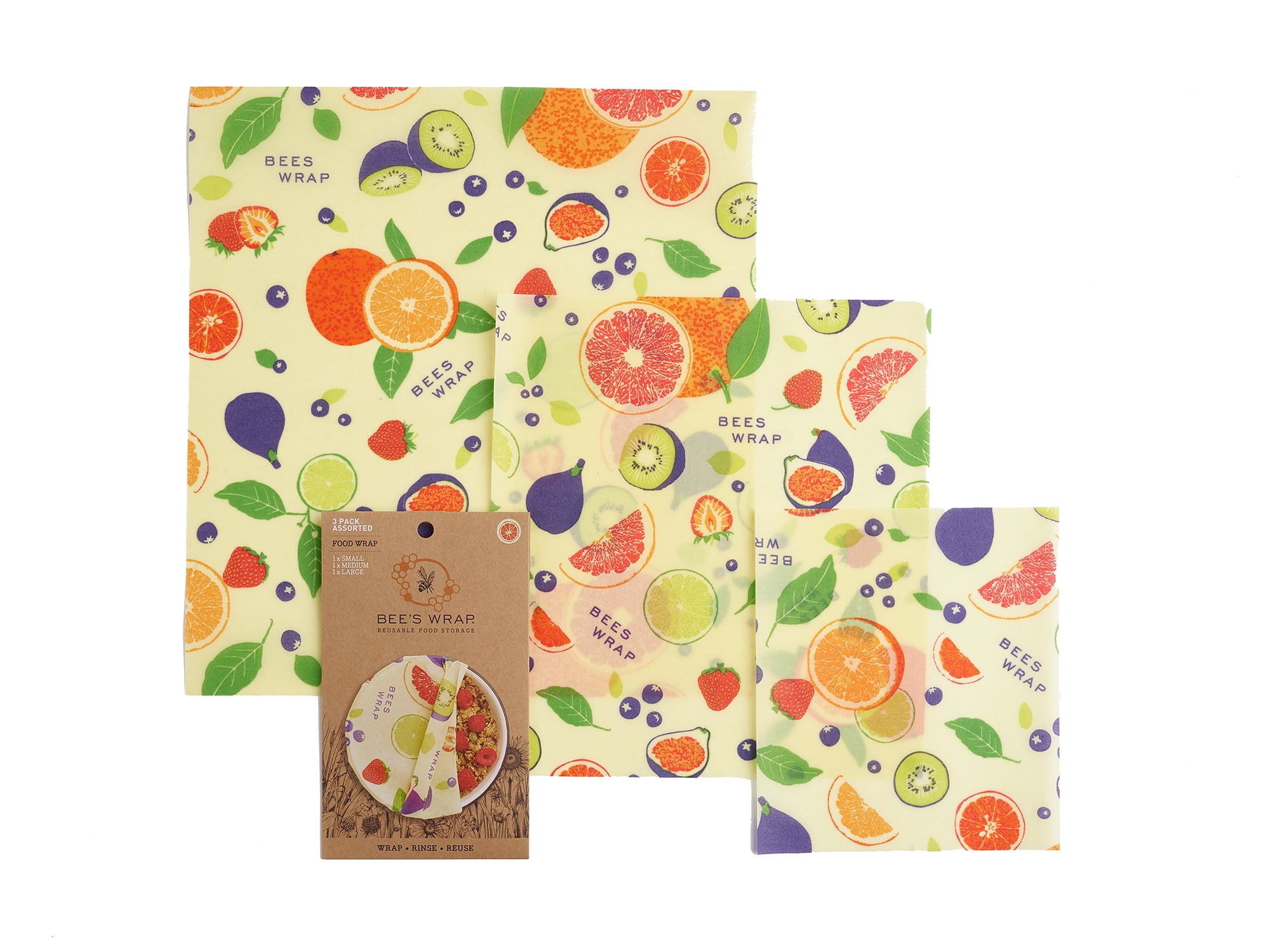 Bee's Wrap Beeswax Wraps 3 Pack, Fresh Fruit Print - Plastic-Free Food Storage