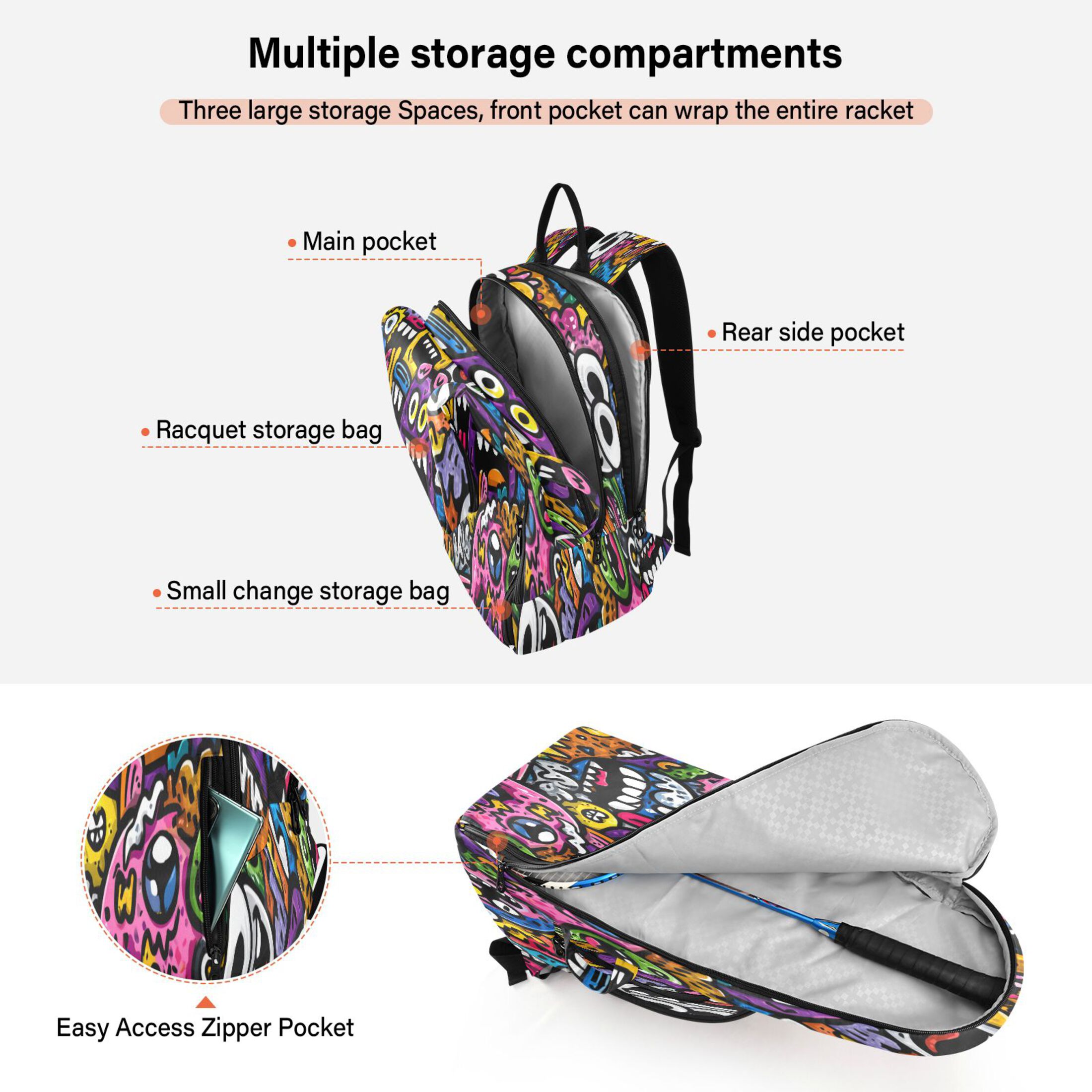 2 Racquet Holder Tennis Backpack Tennis Racket Covers Gym Bags Colorful Cartoon Monsters