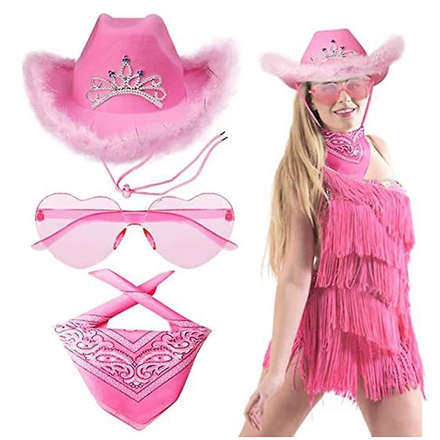 3 piezas de sombrero de vaquero con estampado de vaquero rosa, gafas con forma de corazón, pañuelos de vaquero de cachemira, sombrero de vaquera, lentejuelas, Halloween