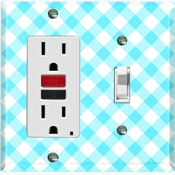 Metal Light Switch Wall Plate Outlet Cover (Neon Blue Gingham Picnic Wallpaper - Single Rocker Single Toggle)