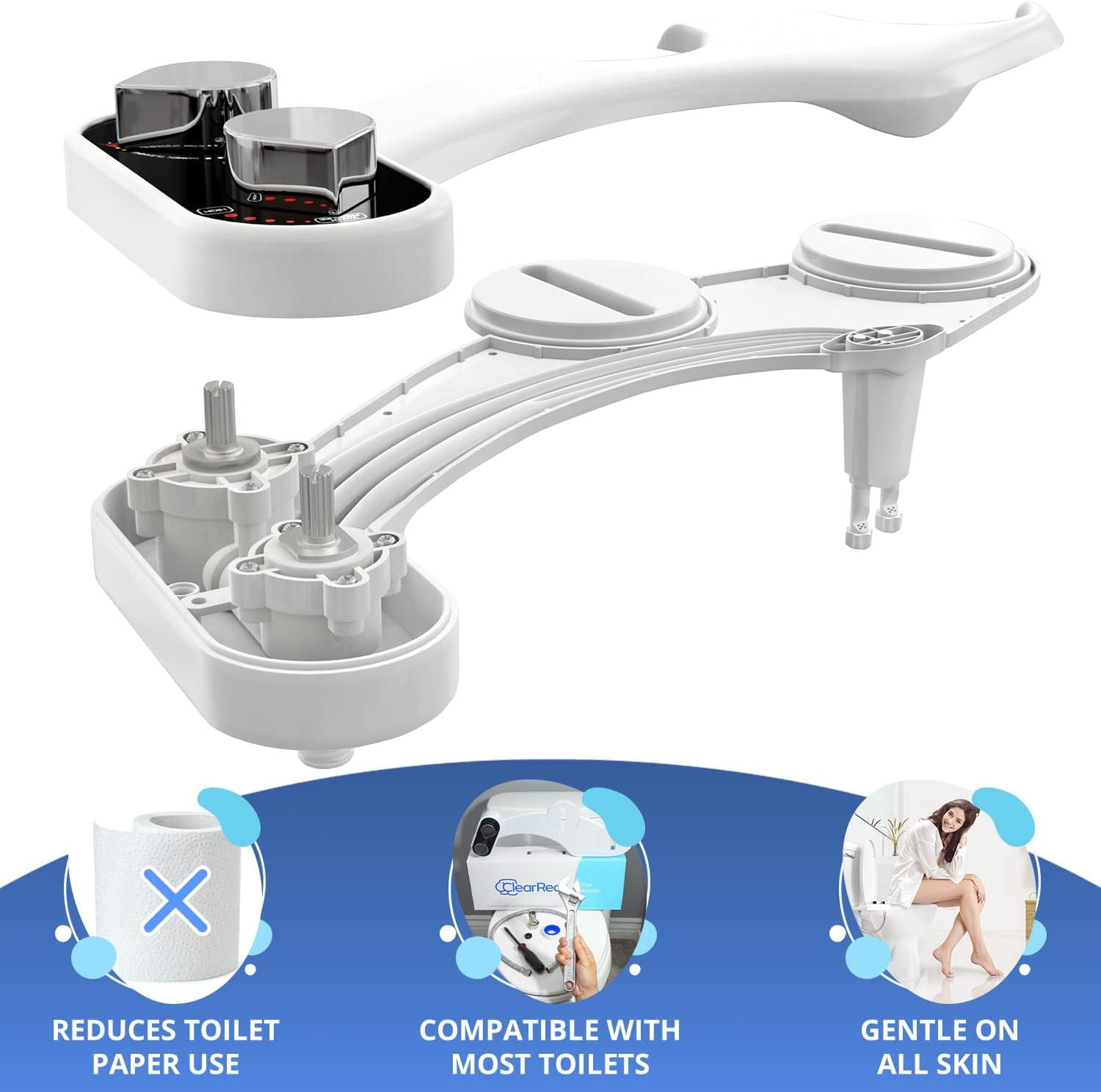 Clear Rear Bathroom Water Bidet Attachment with Self-Cleaning Nozzles