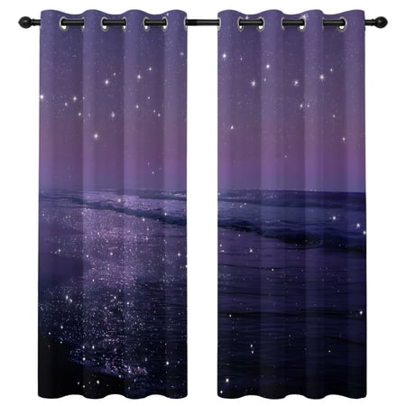 Beach Scenery Blackout Curtains 84 Inches Long Dreamy Dark Purple Glitter Sand Sunset Beach Thermal Insulated Room Darkening Drapes with Grommets for Living Room 42 W x 84 L 2 Panels