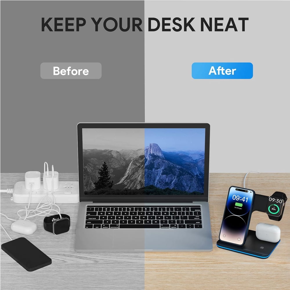 Wireless Charger 3 in 1 Charging Station for Apple: Wireless Phone Stand for iPhone 15/14/13/12/11/Pro/Max/XS/XR/X/8/Plus-Fast Charger Stand for Apple Watch S9-S2 and AirPods,Black