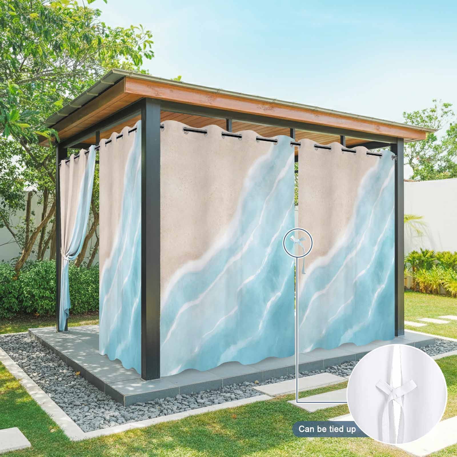 Summer Blue Beach Wave Outdoor Curtains for Patio, Coastal Nautical Watercolor Gradient Ocean Sunshade Privacy Drapes Grommet Waterproof Outside Curtains for Porch/Cabana/Balcony 54"x 108", 1 Panel