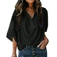 thumbnail image 2 of QQAMB Womens T-Shirts 3/4 Sleeve V-Neck Solid Color Wrap Draped Front Blouses Tops Black 3XL, 2 of 6