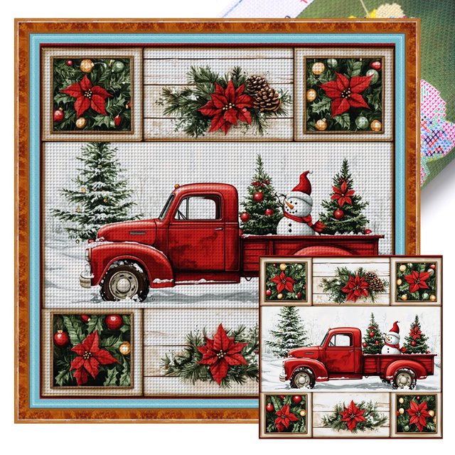 Hilo Algodón Ecológico Bordado Punto Cruz Camión Navidad Impreso 11CT 40x40cm