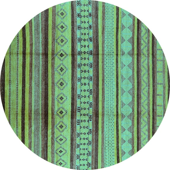 Ahgly Company Machine Washable Indoor Round Oriental Turquoise Blue Industrial Area Rugs, 3' Round